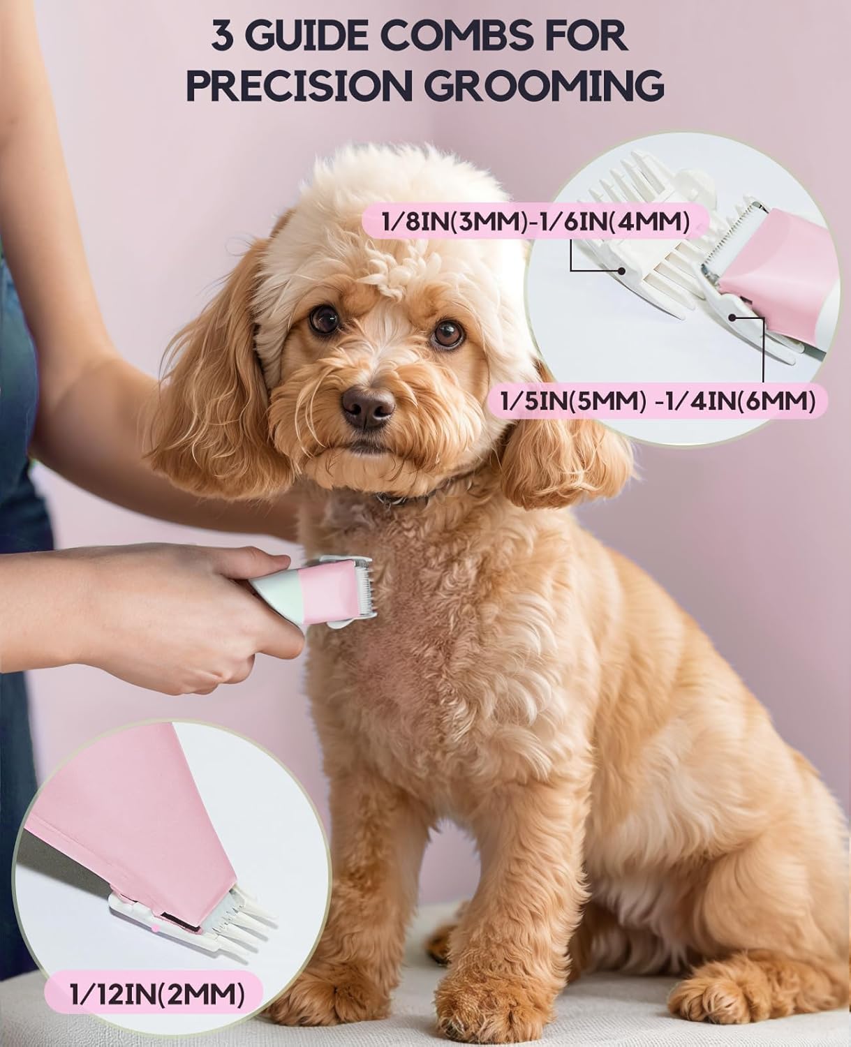 Dog Clippers Grooming Kit, 4 in 1 Quiet Cordless Dog Paw Trimmer & Nail Grinder, Small Cat Clippers Electric Rechargeable Low Noise Pet Shaver for Trimming Hair on Paw Eye Ear Face Rump (Pink) - Image 6