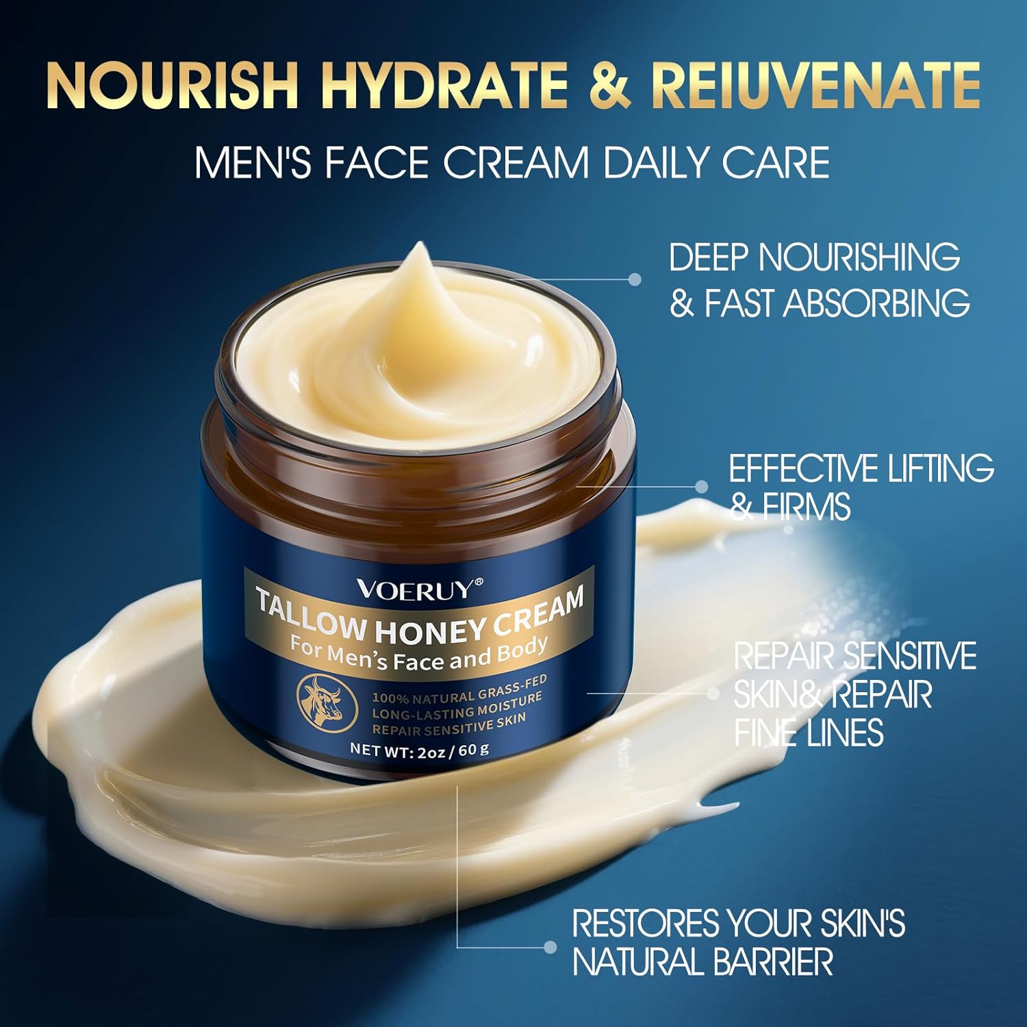 VOERUY Mens Face Moisturizer Cream - Anti Aging & Wrinkle for Men with Tallow Balm & Raw Honey, Natural Grass-Fed Tallow Moisturizer for Face, Facial Skin Care & Eye Lotion - Day & Night, 2oz/60g - Image 3