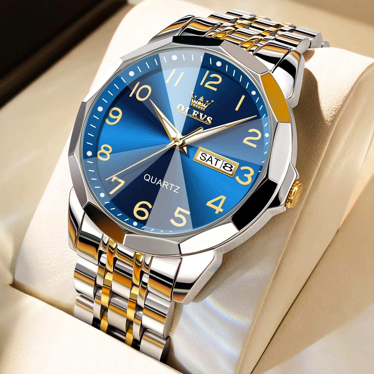 OLEVS Watch for Men Luxury Dress Analog Quartz Stainless Steel Waterproof Luminous Date Diamond Business Two Tone Casual Wrist Watch - Image 2