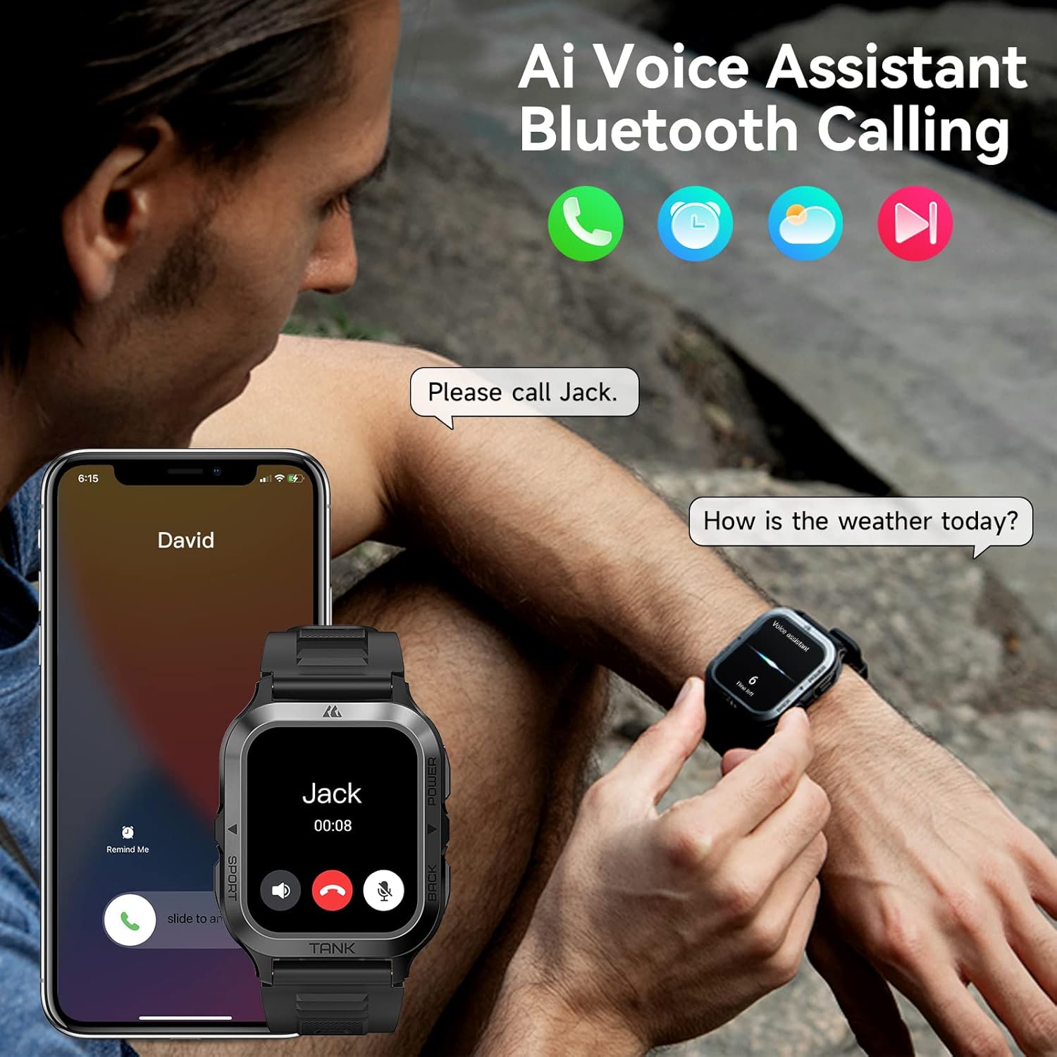 AMAZTIM Smart Watch, 60 Days Extra-Long Battery, 50M Waterproof, Rugged Military Bluetooth Call(Answer/Dial Calls), 1.85" Ultra Large HD Display, AI Voice Assistant, Compatible for Android and iOS - Image 3