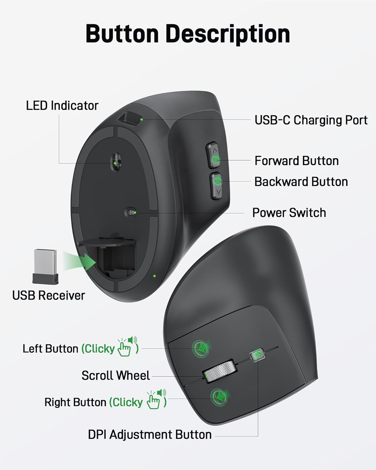 acer Ergonomic Mouse Wireless, Adjustable DPI Vertical Mouse 1000/1200/1600 with 6 Buttons, Rechargeable Ergo Mice, Medium to Large Sized Hands, 2.4GHz USB Receiver for Computer, Laptop, PC - Image 6