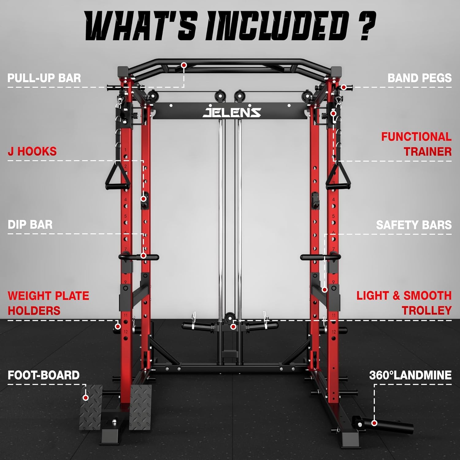 JELENS C12 Squat Rack for Home Gym, 2000LBS Power Rack with Adjustable Pulley System, Power Cage Workout Equipment with LAT Pulldown and Training Attachment - Image 8