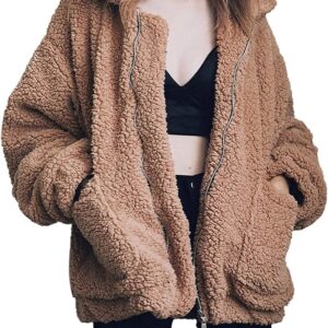 Comeon Women’s Coat Casual Lapel Fleece Fuzzy Faux Shearling Zipper Coats Warm Winter Oversized Outwear Jackets