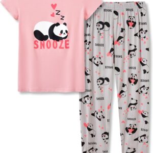 Tebbis Little & Big Girls Striped & Cat Pajama Set – Soft Modal Fiber 2-Piece Summer PJ’s in Sizes 6-18
