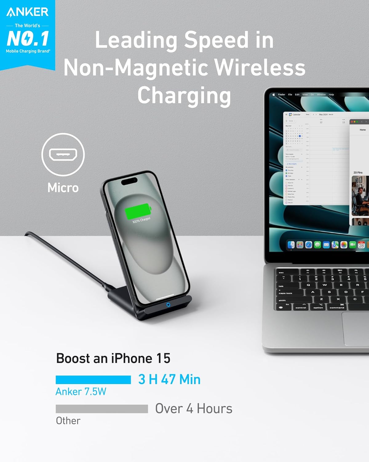 Anker 313 Wireless Charger (Stand), Qi-Certified for iPhone 17/17/17 Pro/17 Pro Max/15/14/13, 10W Fast-Charging Galaxy S23 S22 S21(No AC Adapter) - Image 2
