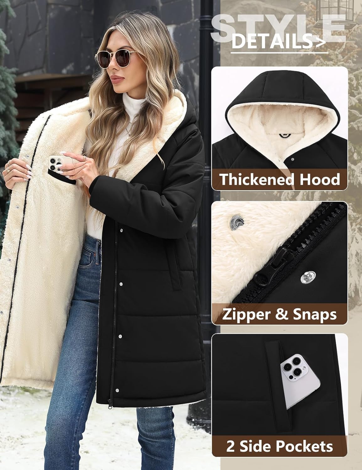 UMIPUBO Women's Long Winter Puffer Jacket – Sherpa Fleece Lined Hooded Coat, Water-Repellent Windproof Warm Quilted Outerwear - Image 3