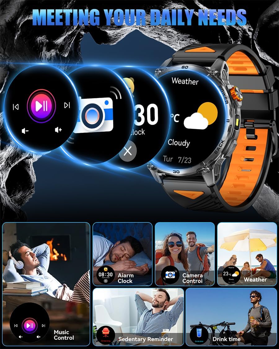 Military Smart Watches for Men,1000mAh/1.7" HD Large Screen Smartwatch, LED Flashlight, Answer/Make Calls,Waterproof,Heart Rate/Sleep Monitor/110+ Sport Modes Fitness Watch for Android/iPhone - Image 8