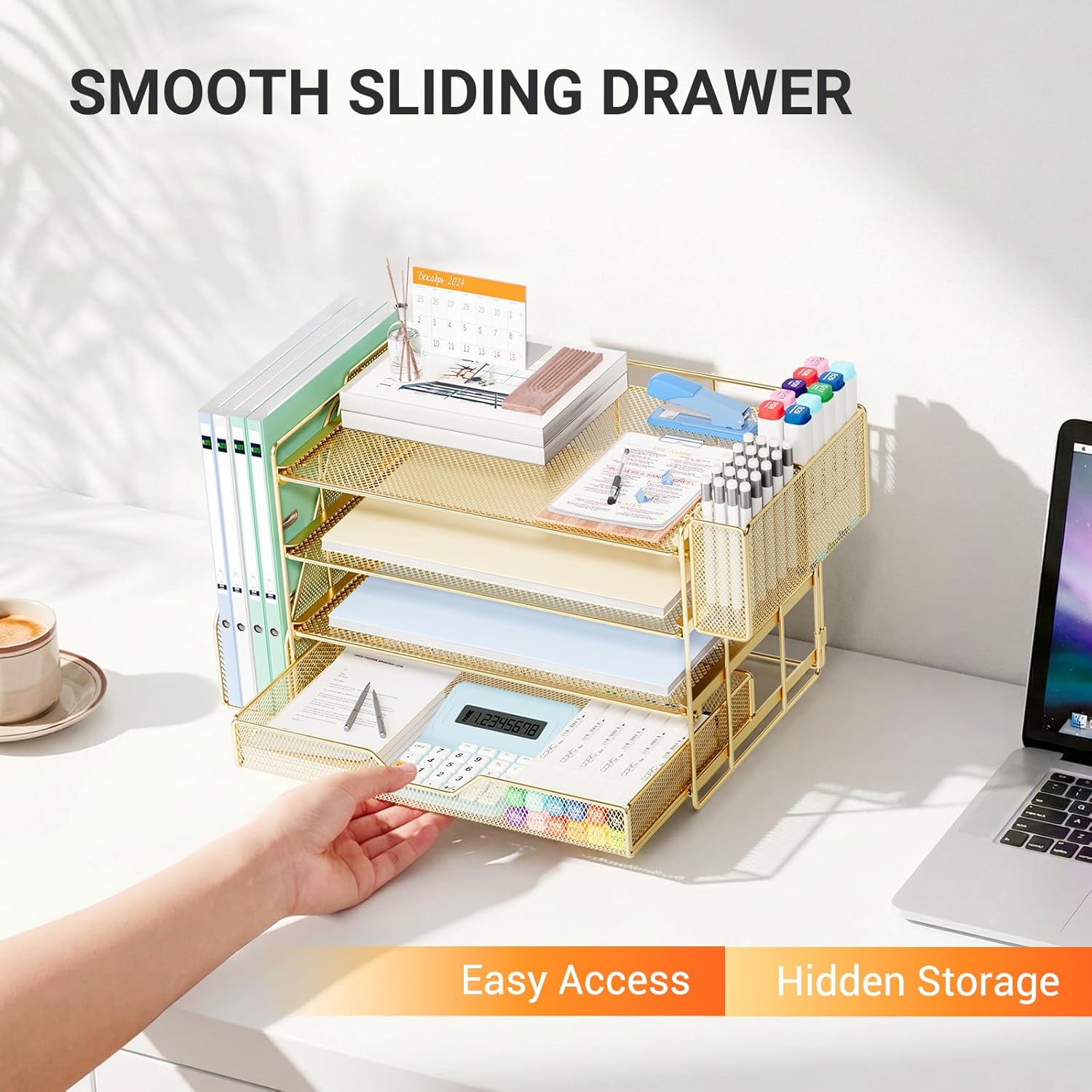 OPNICE Desk Organizers and Accessories, 4-Tier Office Desk Accessories & Workspace Organizers with Drawer and Pen Holder, Desktop Paper Tray File Organizer for Home Office Supplies, Gold - Image 7