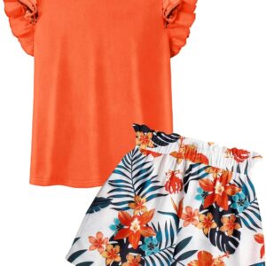 Arshiner Girls 2 Piece Outfits Summer Clothes Ruffle Short Sleeve Shirts Top and High Waist Paper Bag Shorts Set with Pockets