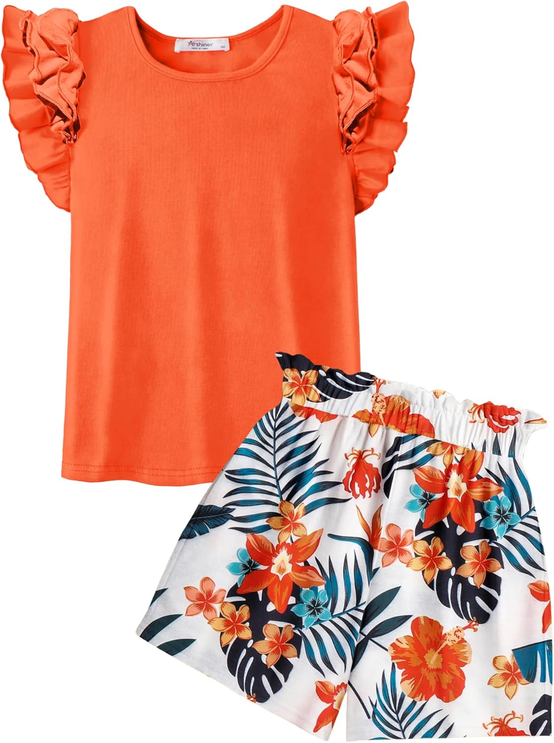 Arshiner Girls 2 Piece Outfits Summer Clothes Ruffle Short Sleeve Shirts Top and High Waist Paper Bag Shorts Set with Pockets