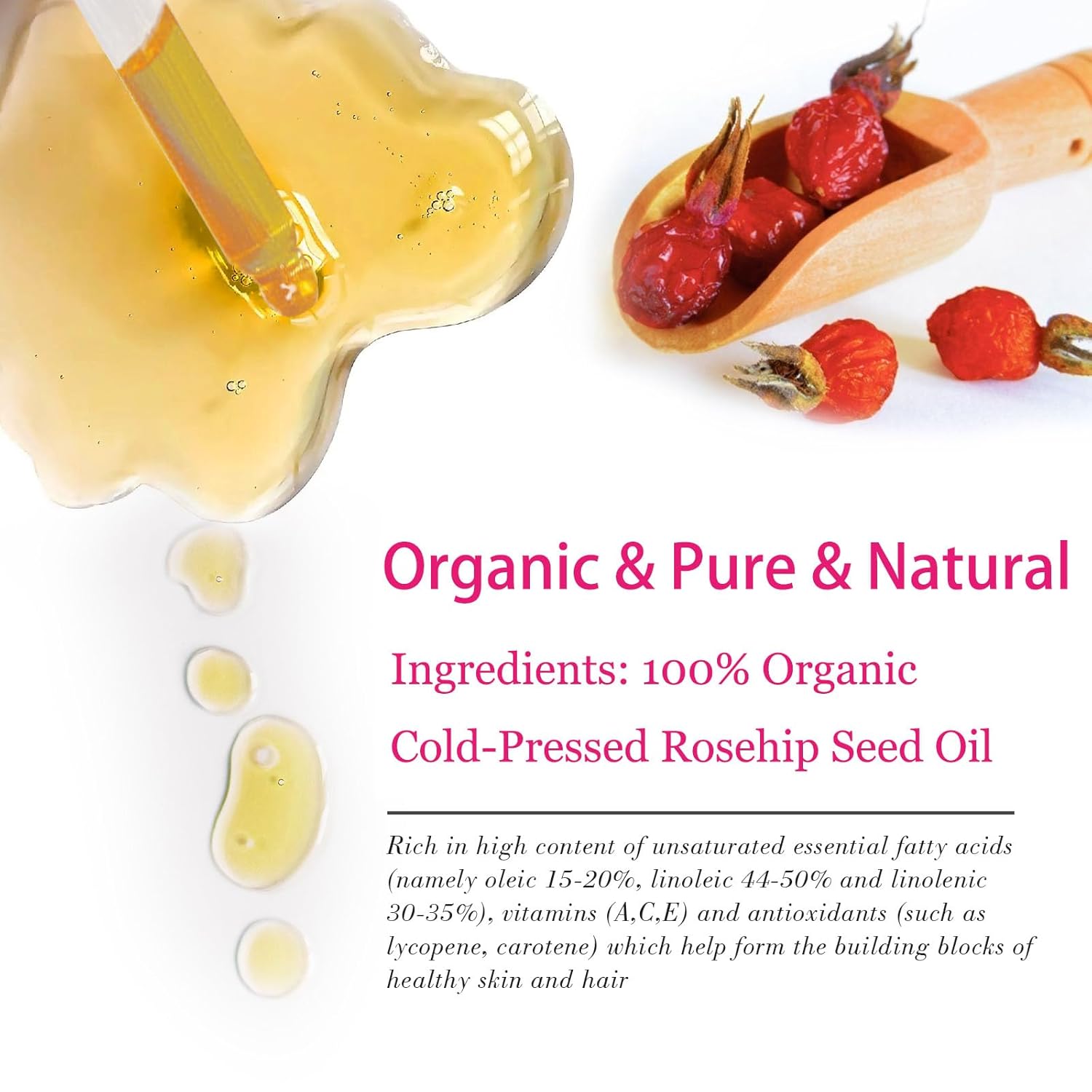 Organic Rosehip Seed Oil for Face, USDA Certified, Cold Pressed, Unrefined, 100% Pure Natural Rose Hip Oil for Anti-Aging, Acne Scar Treatment, Skin & Hair Care, Gua Sha Massage, 1 fl.oz / 30ml - Image 2