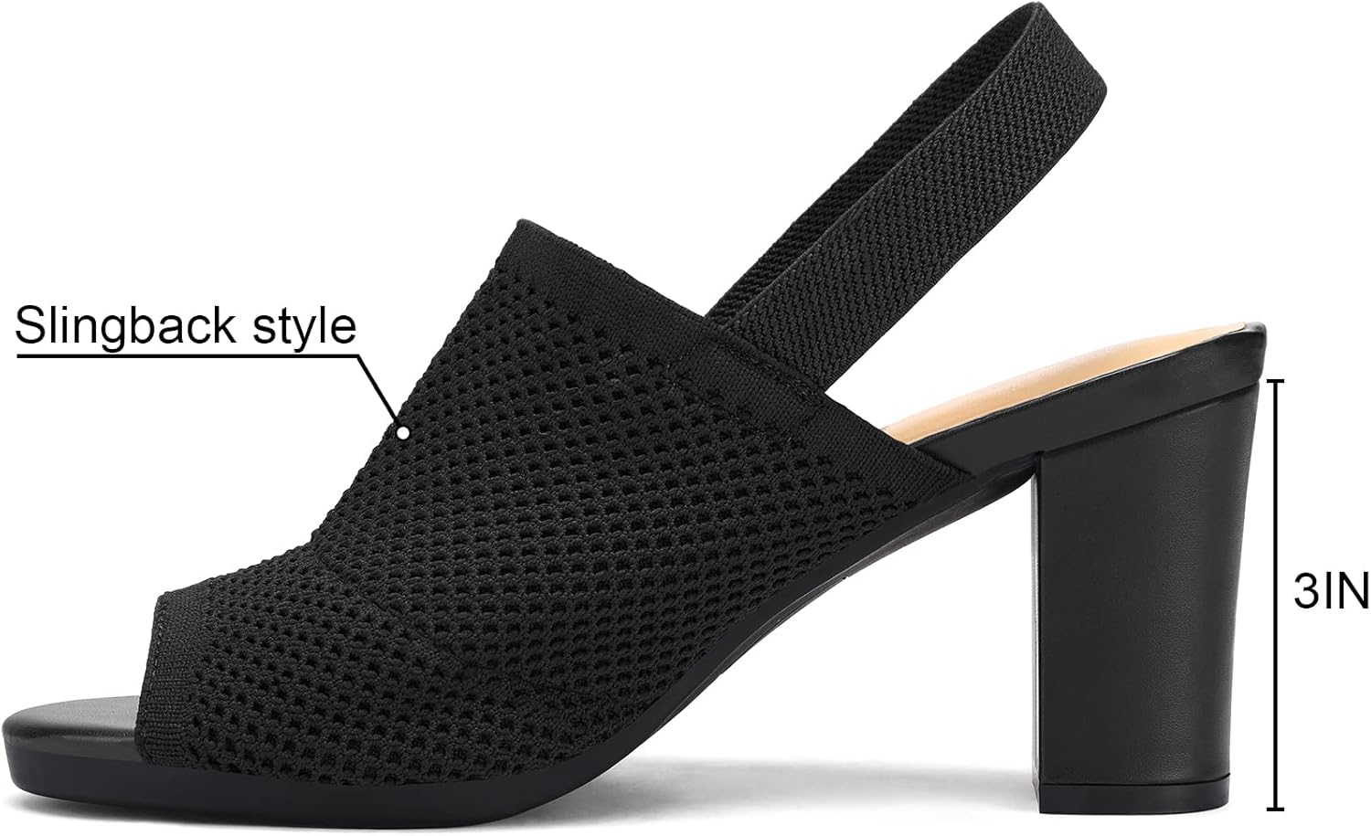 mysoft Women's Knit Chunky Block High Heels Elastic Slingback Open Toe 3 Inch Heeled Sandals - Image 3
