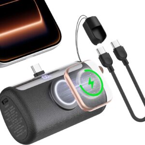 RORRY PalmGo Portable Charger, 10000mAh PD 22.5W Fast Charging Mini Power Bank with Built-in USB C Connector, 3-in-1 Battery Pack for iPhone 17/16/15 Pro/Max, Apple Watch Ultra/11/10/SE, iPad, Black