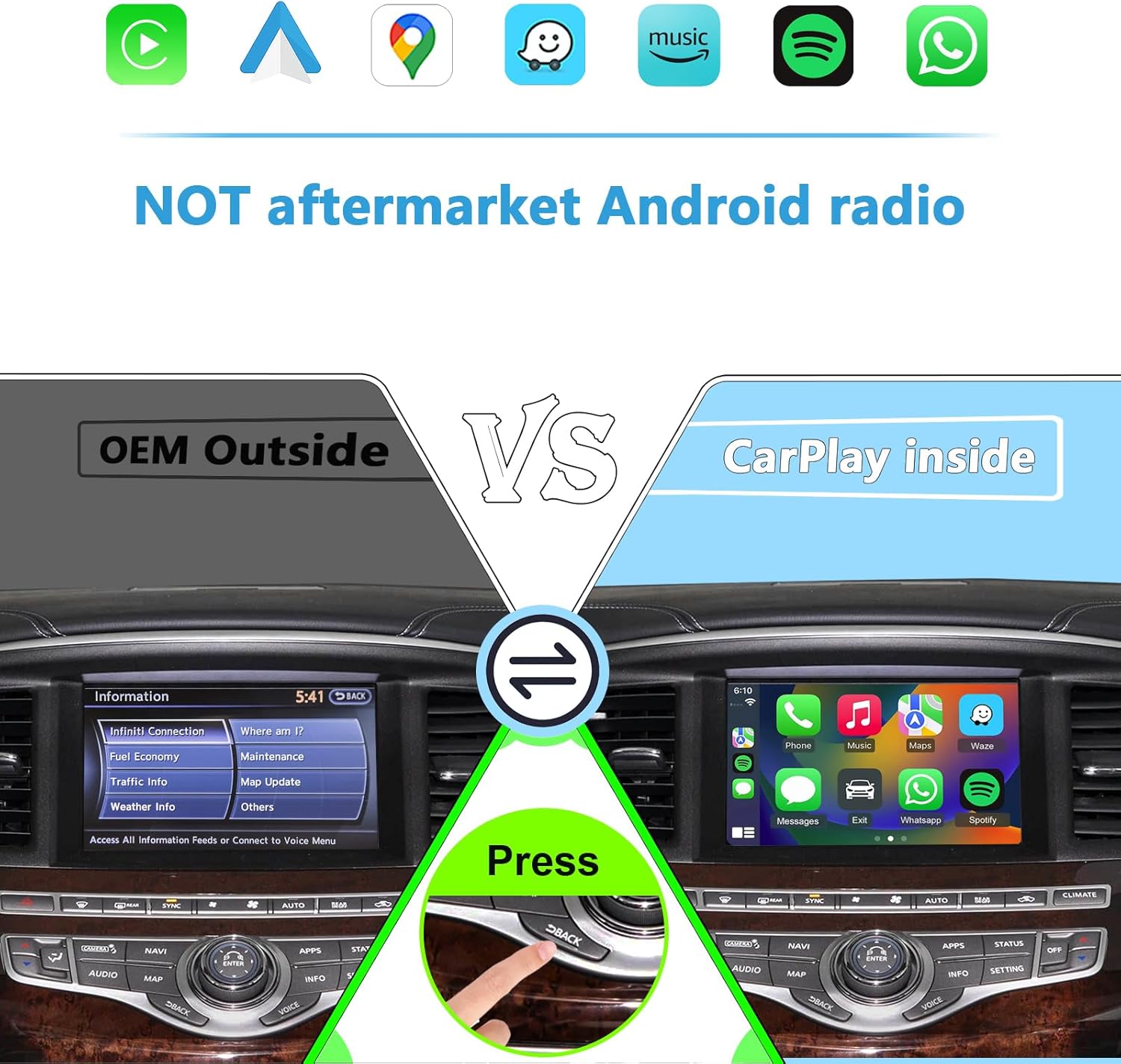 Wireless CarPlay & Android Auto Module Compatible with Infiniti QX60/QX80/Q70 & Nissan Pathfinder/Armada 2017-2019 (NO APPS Button = NO FIT) - Image 9