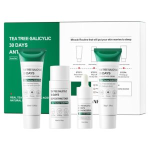 Tea Tree Salicylic Acid Facial Skin Care Set & kits, Mini Travel Size Set for Acne Prone Skin – Cystic Hormonal Acne Treatment with Face Cleanser Toner Serum Cream Moisturizer Gifts for Women