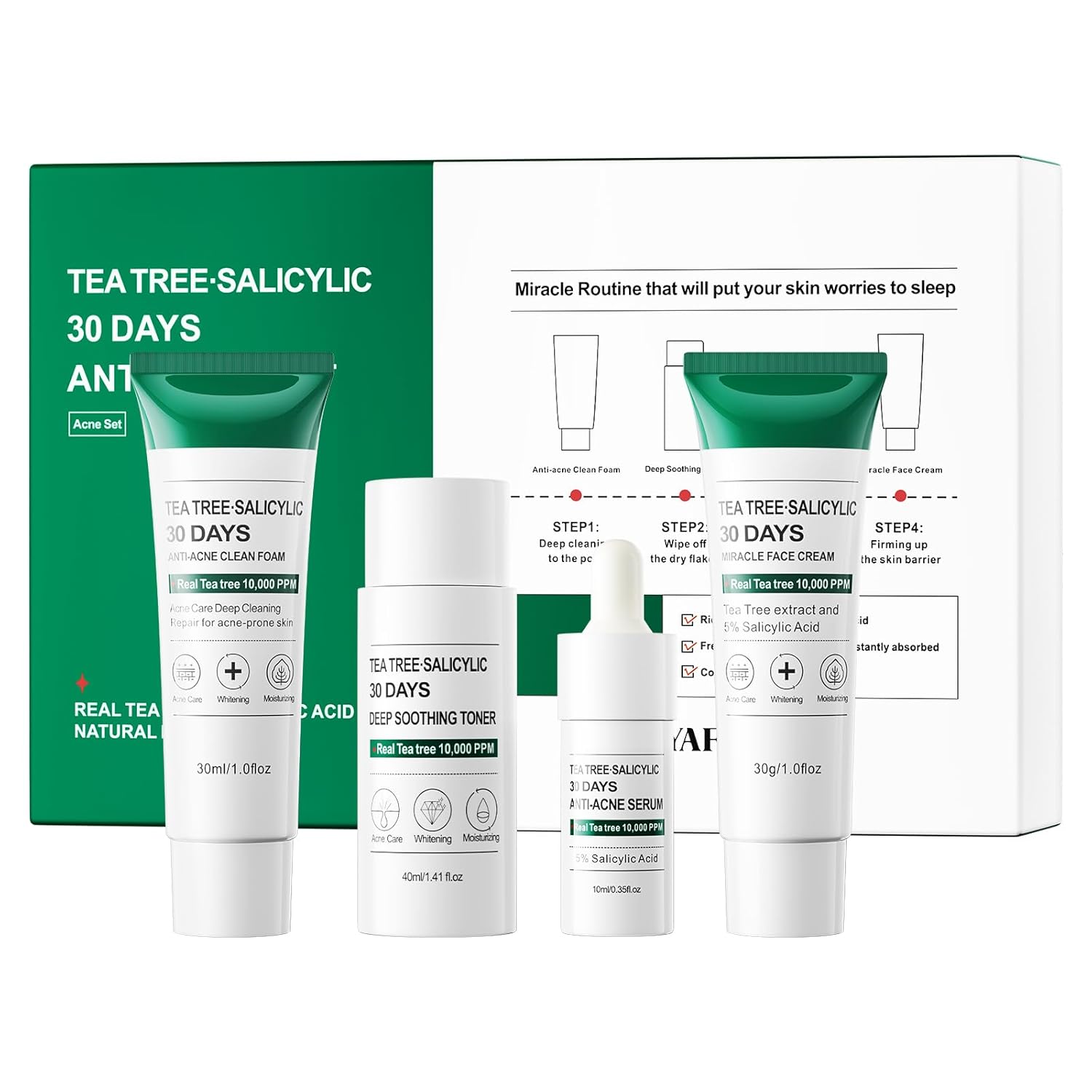 Tea Tree Salicylic Acid Facial Skin Care Set & kits, Mini Travel Size Set for Acne Prone Skin - Cystic Hormonal Acne Treatment with Face Cleanser Toner Serum Cream Moisturizer Gifts for Women