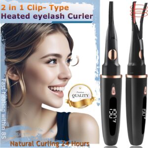 Heated Eyelash Curlers – 2 in 1 Clip- Type Heated lash Curler Best Seller Electric Eyelash Curler LED Display 3 Temp Settings for Makeup Tools USB Rechargeable Natural Curling 24H Long Lasting QI1