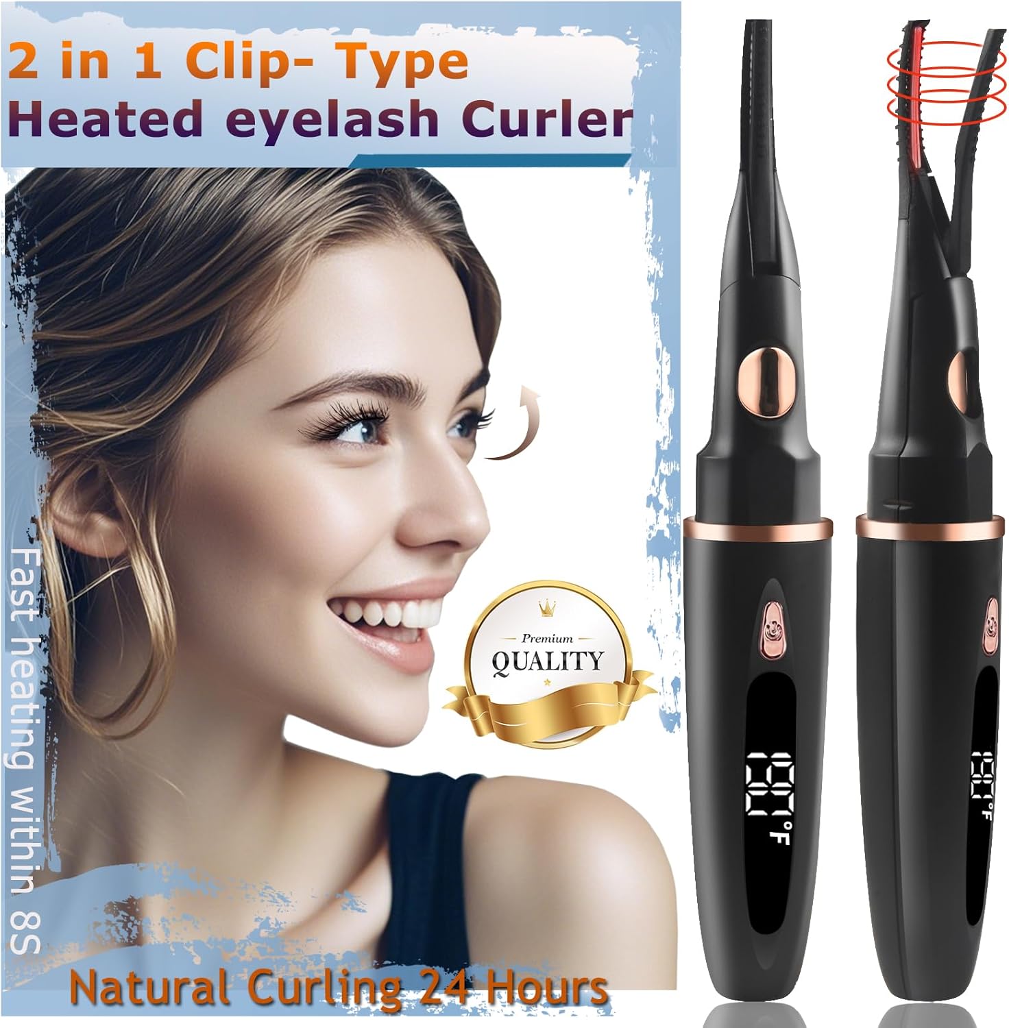 Heated Eyelash Curlers - 2 in 1 Clip- Type Heated lash Curler Best Seller Electric Eyelash Curler LED Display 3 Temp Settings for Makeup Tools USB Rechargeable Natural Curling 24H Long Lasting QI1
