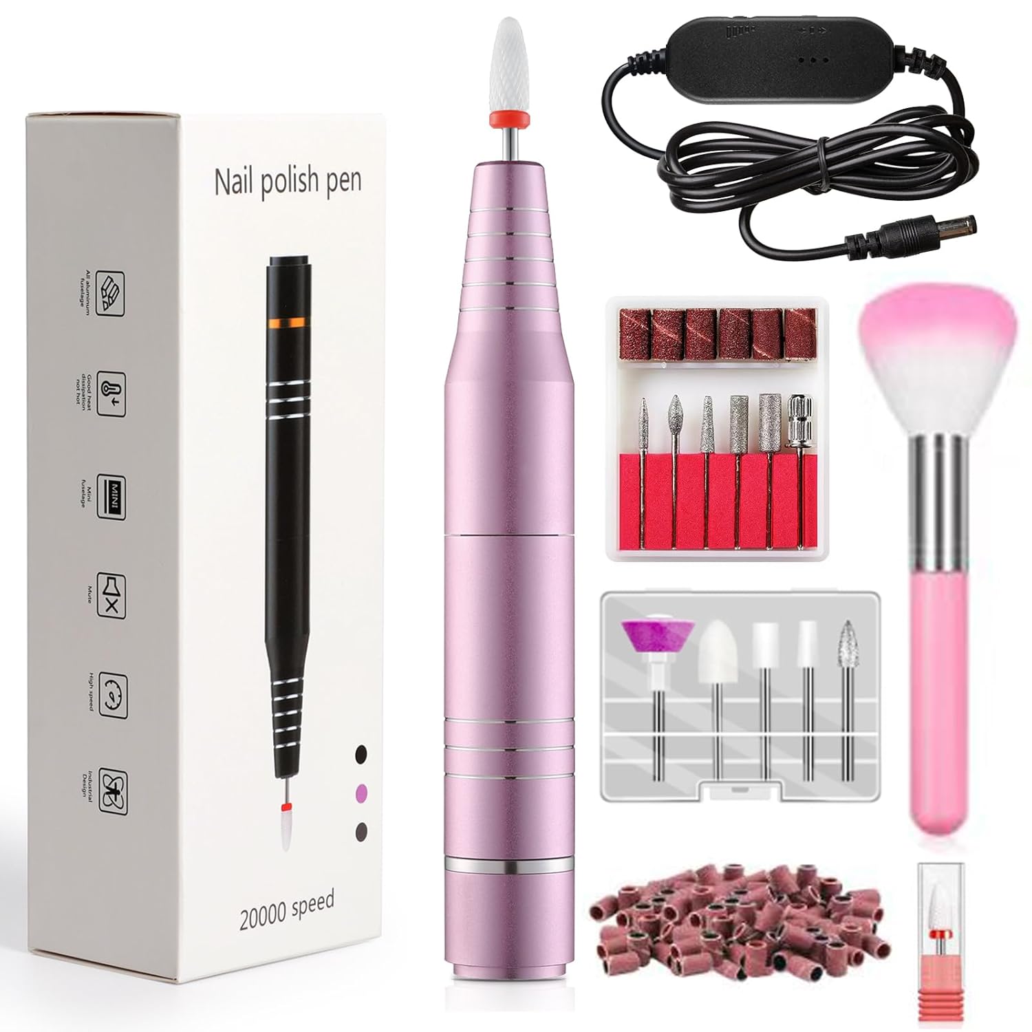 Electric Nail Drill for Acrylic and Gel Nails, Low Vibration Ultra Quiet Portable E File Machine for Home Manicure and Pedicure, Nail Kit with Bits and Sanding Bands(Pink Set)