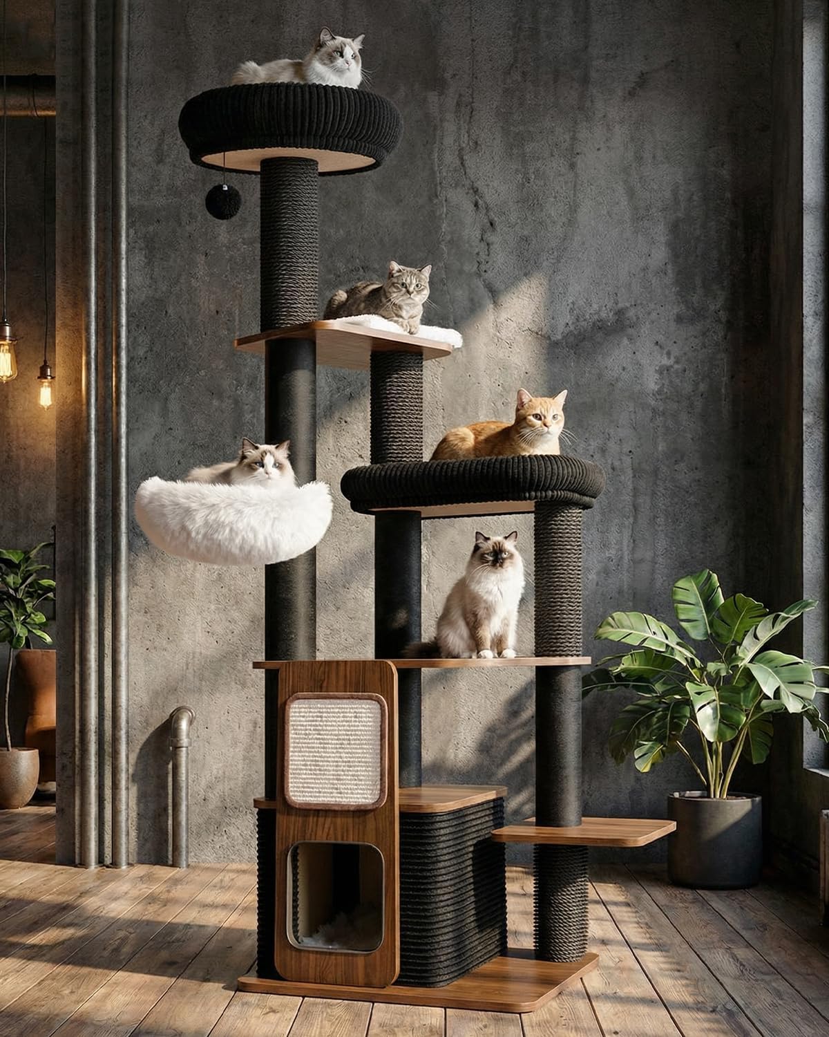 63" Modern Cat Tree Tower for Indoor Cats, Heavy Duty Cat Trees for Large Cat, Adult Maine Coon Cat Tree Tower with Scratching Post, Extra Large Top Perch, Cat Condos (Black) - Image 8