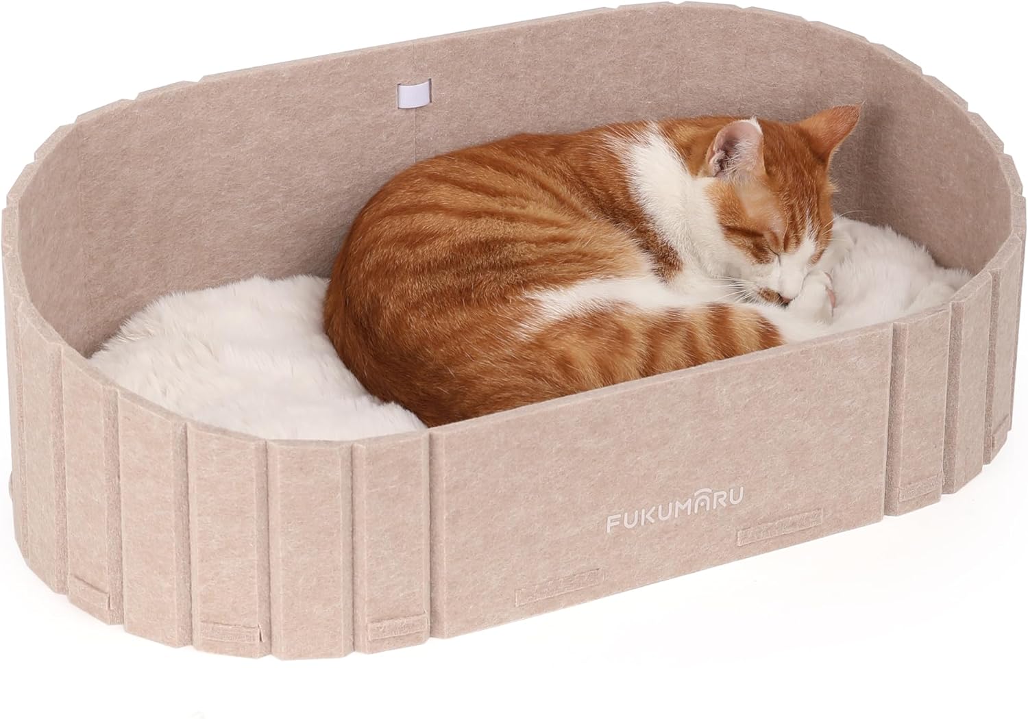 FUKUMARU Cat Beds for Indoor Cats, 24 Inch Large Cat Couch Bed with Cozy Faux Rabbit Fur Cushion, Felt Cats House Sofa in Oval Shape, Camel