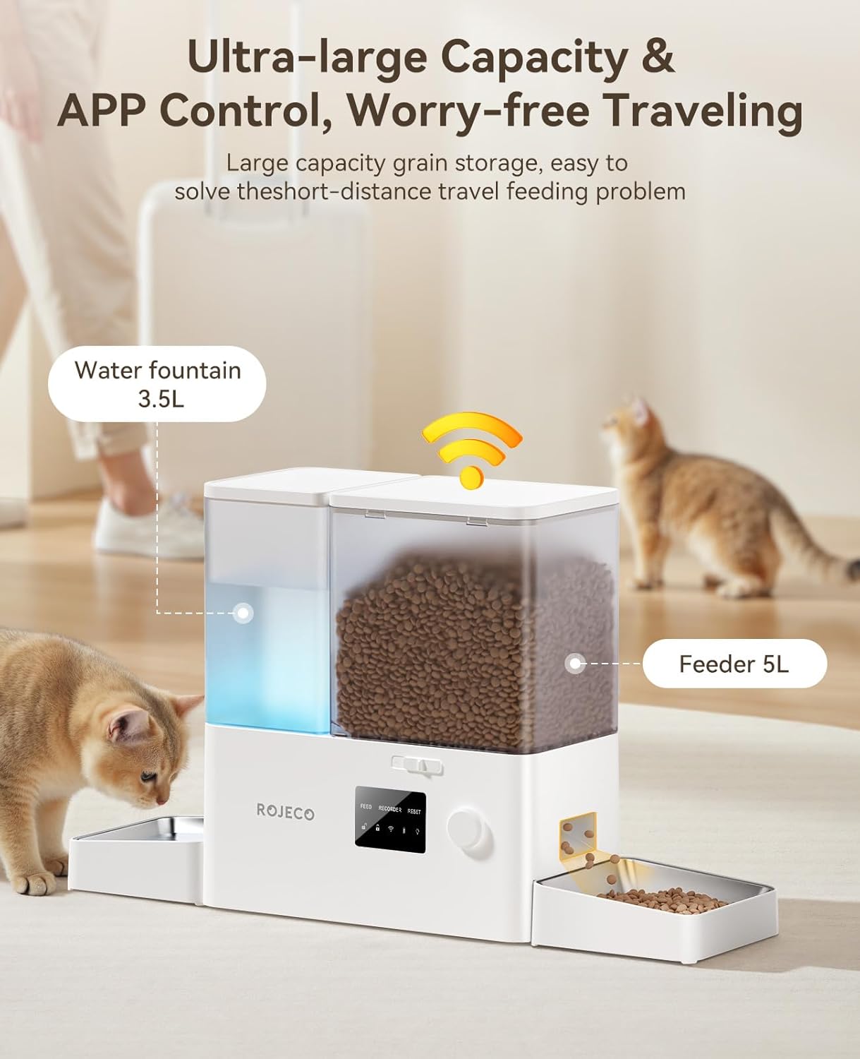 Rojeco 36Cups/8.5L WiFi Automatic Cat Feeder and Gravity Water Dispenser,Stainless Steel Bowls 2-in-1 Large Capacity 5L Food Dispenser with APP and 3.5L Water Fountain for Pets,Dogs,Puppies,Kittens - Image 5