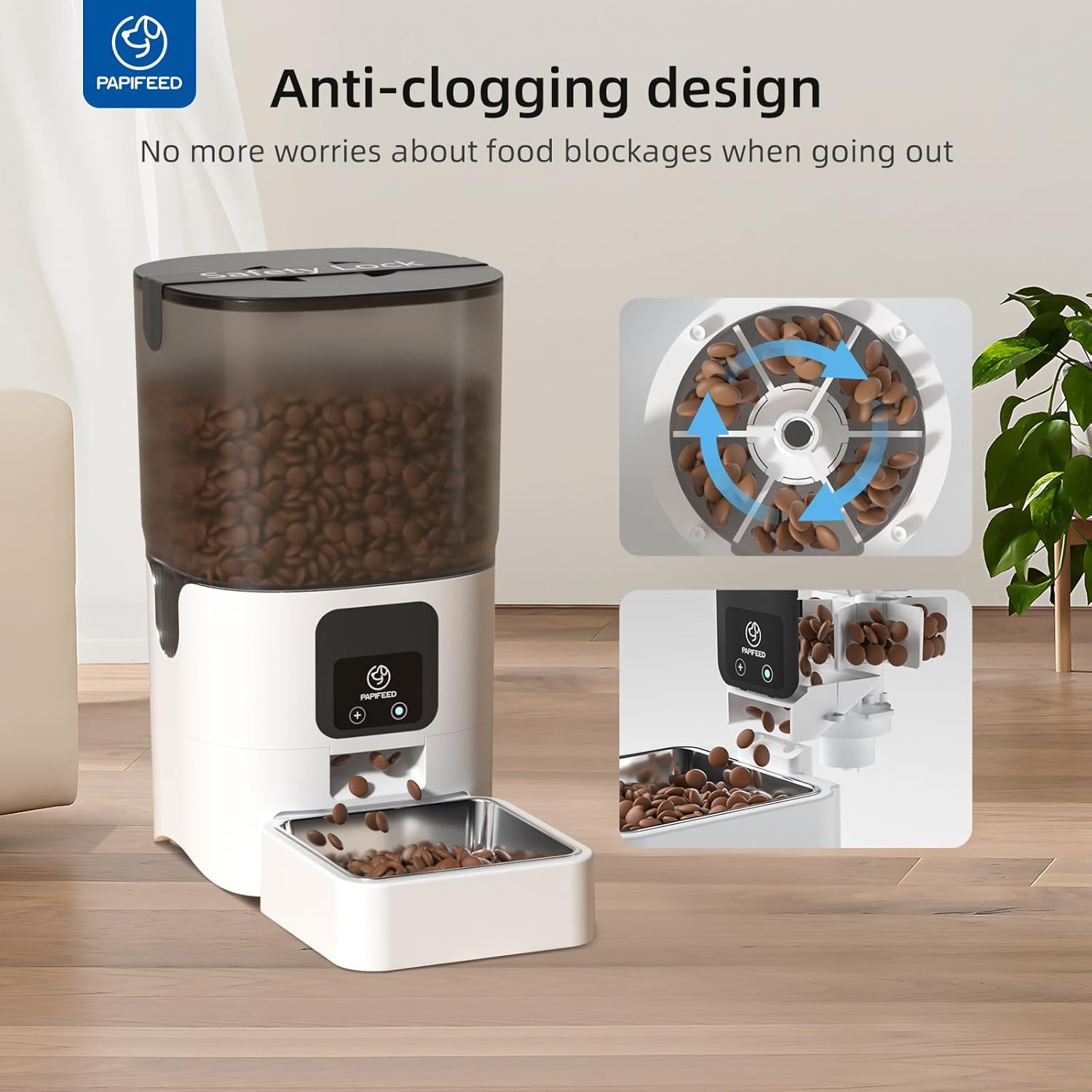 PAPIFEED Automatic Cat Feeder with App, 2.4G WiFi Cat Food Dispenser, 6L Timed Cat Feeder for Dry Food, 10 Meals/Day, 12 Portions/Meal, Dual Power Supply Smart Pet Feeder for Dog, White - Image 8