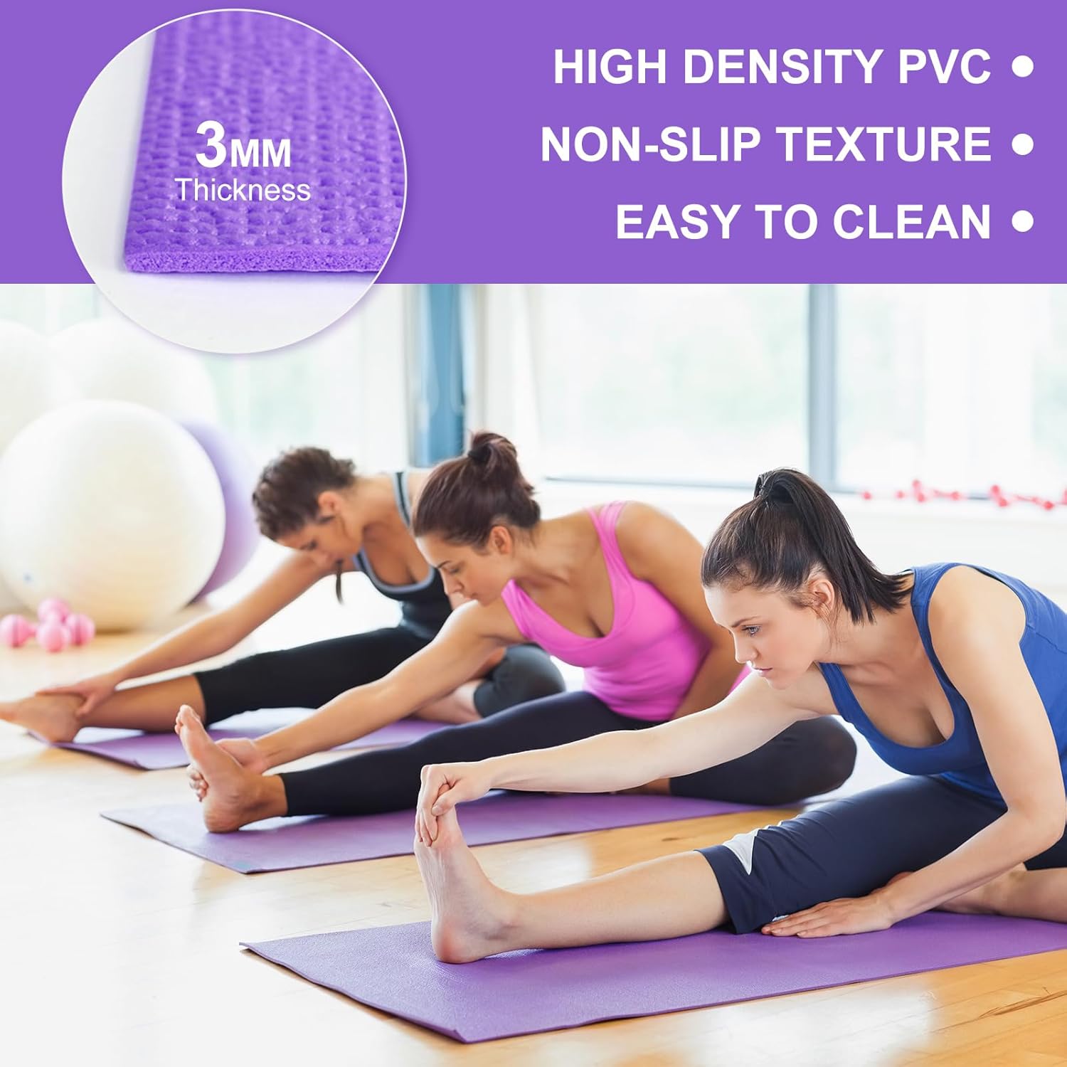3 mm Thick Yoga Mat Bulk, Non Slip Exercise Workout Fitness Pad for Women Men, Gym Home Yoga Pilates, Easy to Clean, Sturdy PVC - Image 3