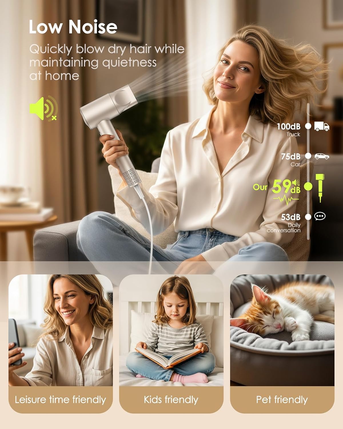 Hair Dryer Ionic with Diffuser - 160,000 RPM Professional High-Speed Blow Dryer, 500M Negative Ions Fast Drying for Women, Lightweight, Low Noise Dryer for Curly or Straight Hair - Image 6