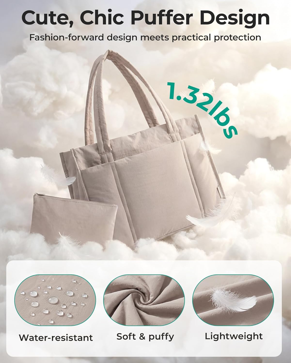 BAGSMART Tote Bag for Women, 2Pc Puffer Tote Bag with Zipper, Quilted Work Tote Teacher Bag Shoulder Handbag | Beach Tote, Diaper Bag Tote, for Travel, Gym, Lightweight, Fit 15.6" Laptop, 21L Medium Tote - Image 7