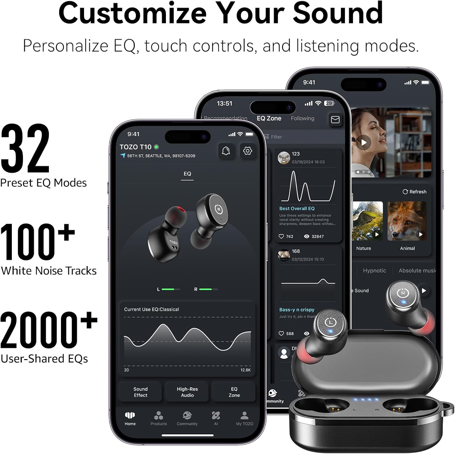TOZO T10 Wireless Earbuds Bluetooth 5.3 Headphones, App Customize EQ, Ergonomic Design, 55H Playtime, Wireless Charging Case, IPX8 Waterproof Sound in-Ear Headset, New Version - Image 6