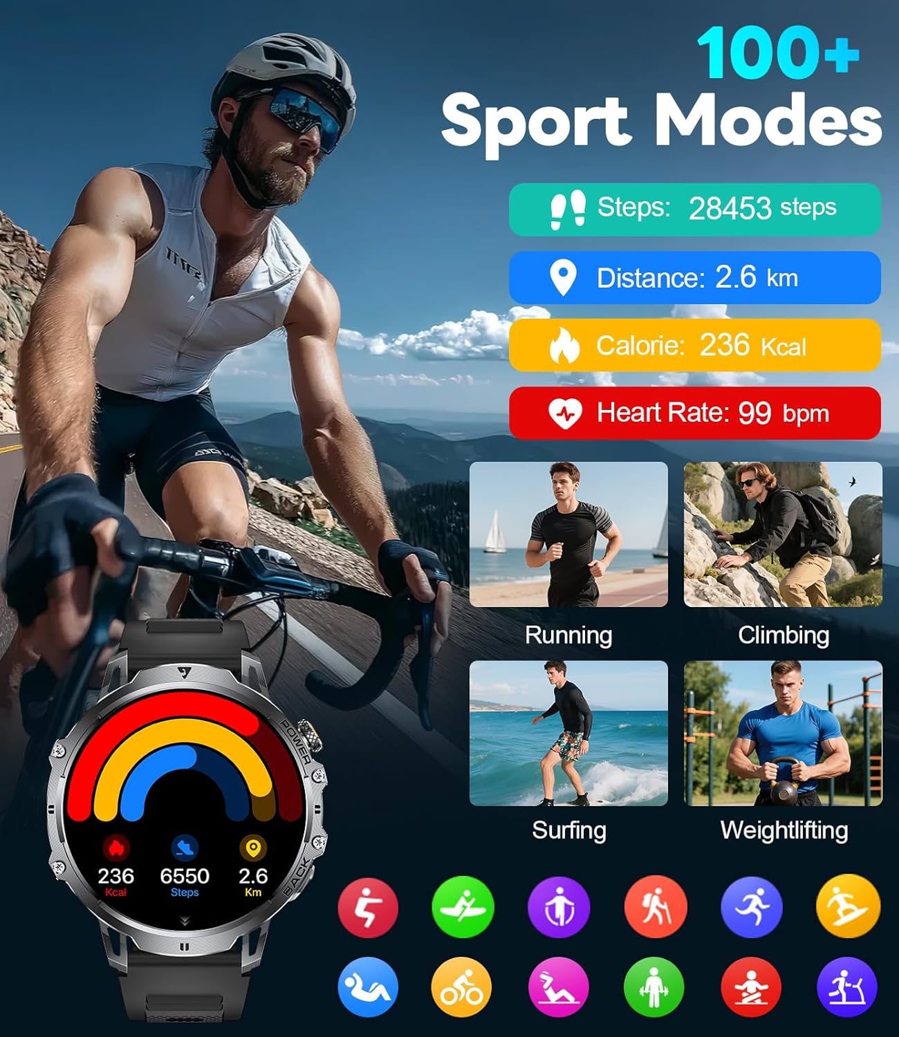 Military Smart Watch for Men, 1.85" HD Large Screen, Bluetooth Call/1000mAh/Flashlight/Heart Rate Sleep Monitor, 110+ Sports Modes Fitness Tracker Watch for Android iOS, Holiday, 3 Straps, Black - Image 6