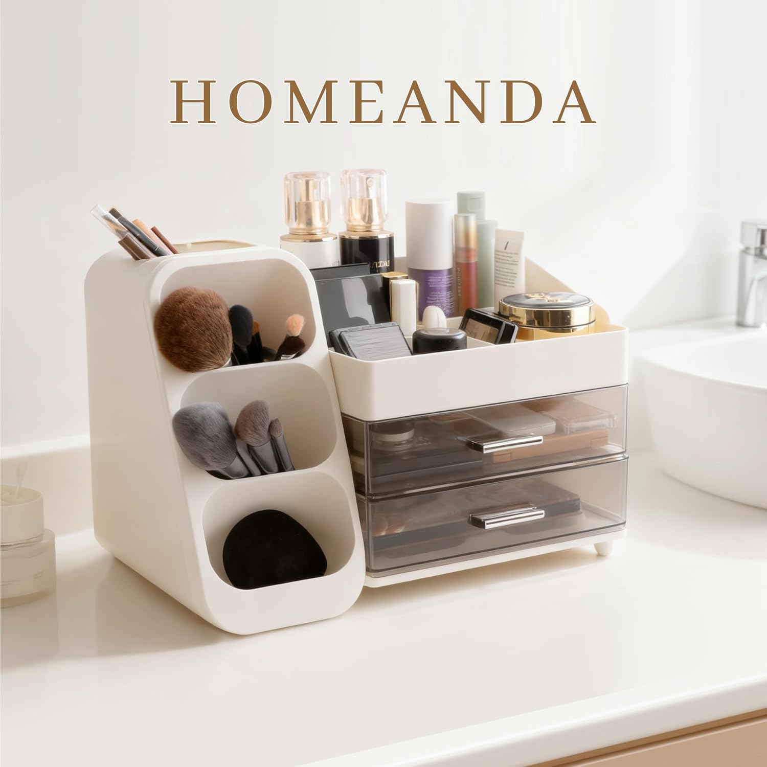 Homeanda Makeup Organizer with Drawers – Large Cosmetic Storage Box for Vanity, Bathroom, or Bedroom, Perfect for Skincare, Brushes, Lipstick, Eyeshadow,and Beauty Essentials (White) - Image 2