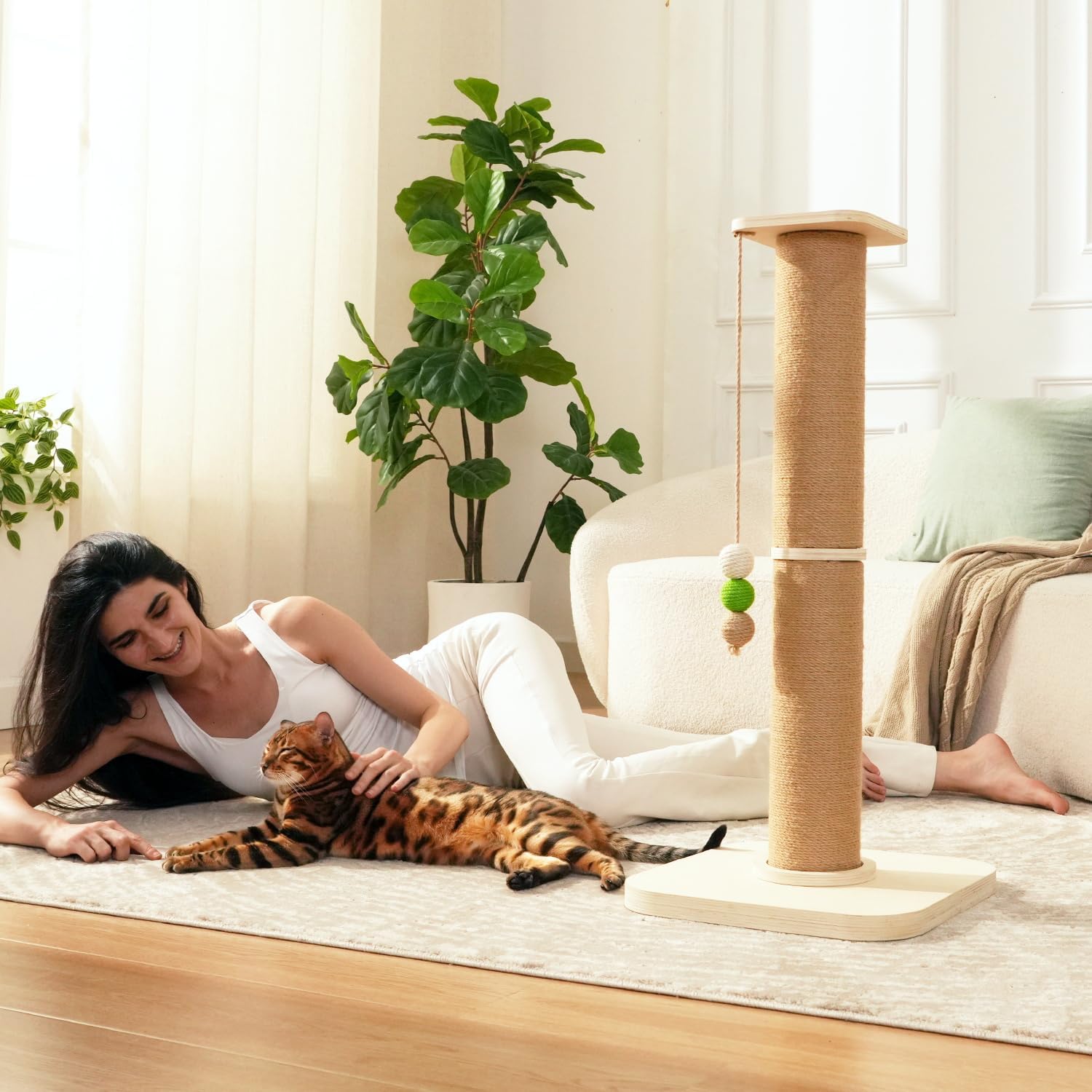 TINYBEAST Wooden Cat Scratching Post, Sturdy 35'' Tall Natural Sisal Cat Scratcher with Thick Solid Wood Base for Adult Cats Indoor, Jumbo Durable Stable Cat Scratcher Tower - Image 8