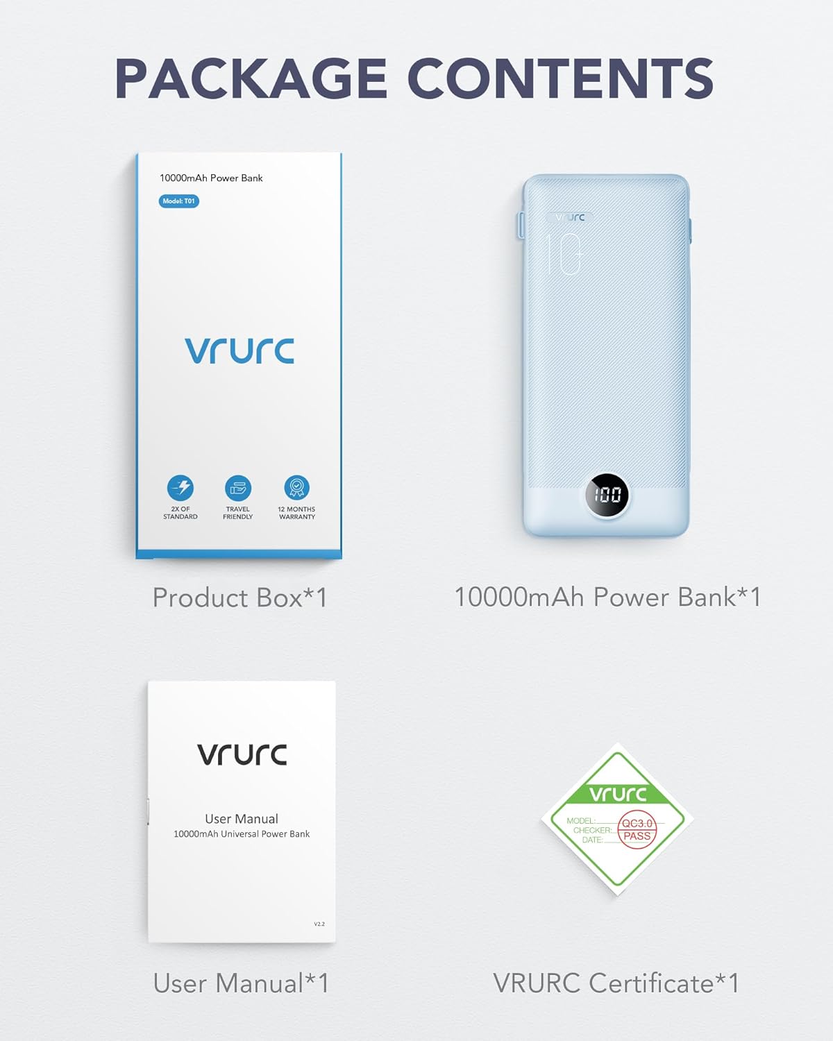 VRURC Portable Charger Built-in Cables and AC Wall Plug, USB C Power Bank 10000mAh, Travel Essentials Phone Charger Compact Lightweight External Battery Pack for Smart Phones, Tablets etc-Blue - Image 8