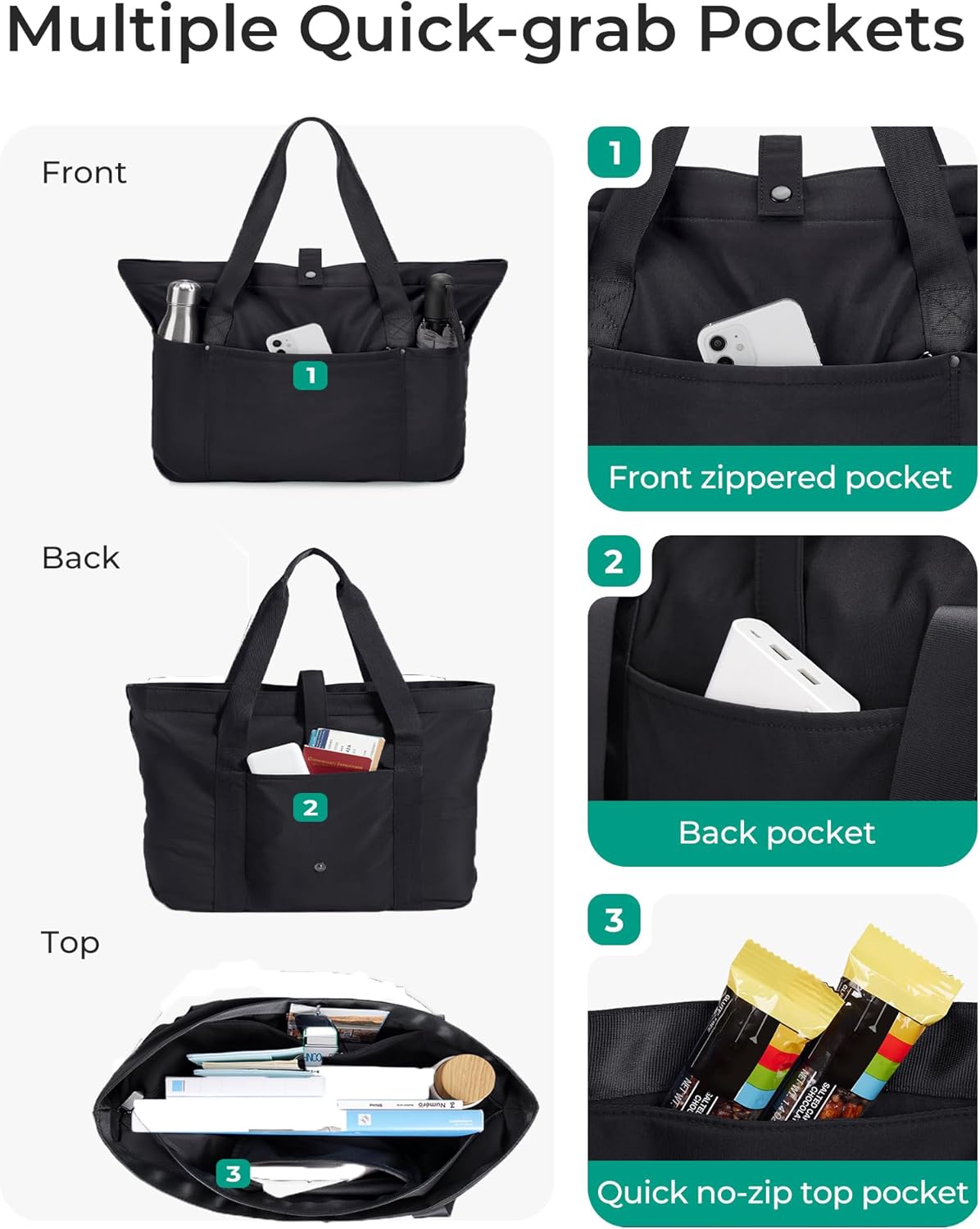 BAGSMART Tote Bag for Women, Foldable Tote Bag With Zipper Travel Shoulder Bag Handbag for Work - Image 6