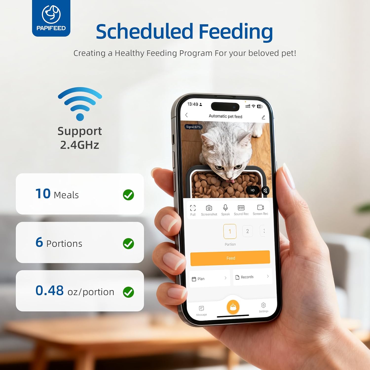 PAPIFEED Automatic Cat Feeder with Camera, 6L Cat Food Dispenser with App, 2.4G WiFi Timed Cat Feeder for Dry Food, 2-Way Audio, Smart Pet Feeder for Small Dog, 10 Meals/Day, 12 Portions/Meal - Image 4