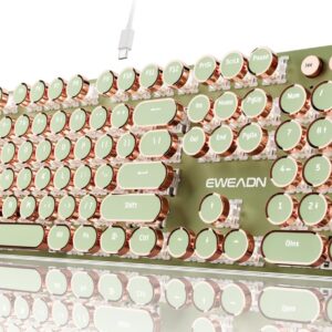 EWEADN Wired Typewriter Mechanical Keyboard, Low Noise Pink Switch Retro Punk Keyboard with Media Knob, White Backlit, Metal Panel, 104-Key Round Keycaps Cute Keyboard for Windows PC – Green