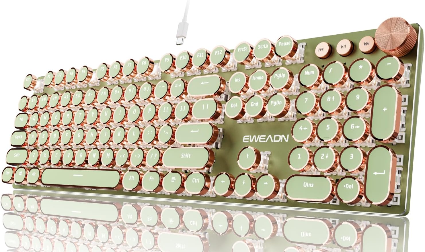 EWEADN Wired Typewriter Mechanical Keyboard, Low Noise Pink Switch Retro Punk Keyboard with Media Knob, White Backlit, Metal Panel, 104-Key Round Keycaps Cute Keyboard for Windows PC - Green