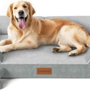 CWAWZ Extra Large Dog Bed, Orthopedic Dog Bed with Cooling Gel Memory Foam, Waterproof XL Pet Bed with Removable Washable Cover, 42″ Pet Sofa Couch Dutch Velvet with Bone Toy, Light Gray