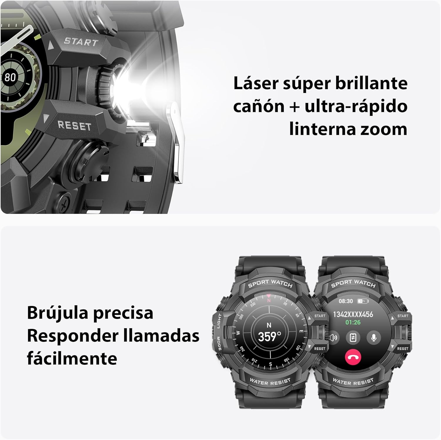 MIDDOW Military Smart Watch with Flashlight (Answer/Make Call) Compass, Pedometer/Heart Rate/Sleep/100+ Sports Modes, Fitness Tracker IP68 Waterproof, Long Battery Life Android & iOS (Black) - Image 3