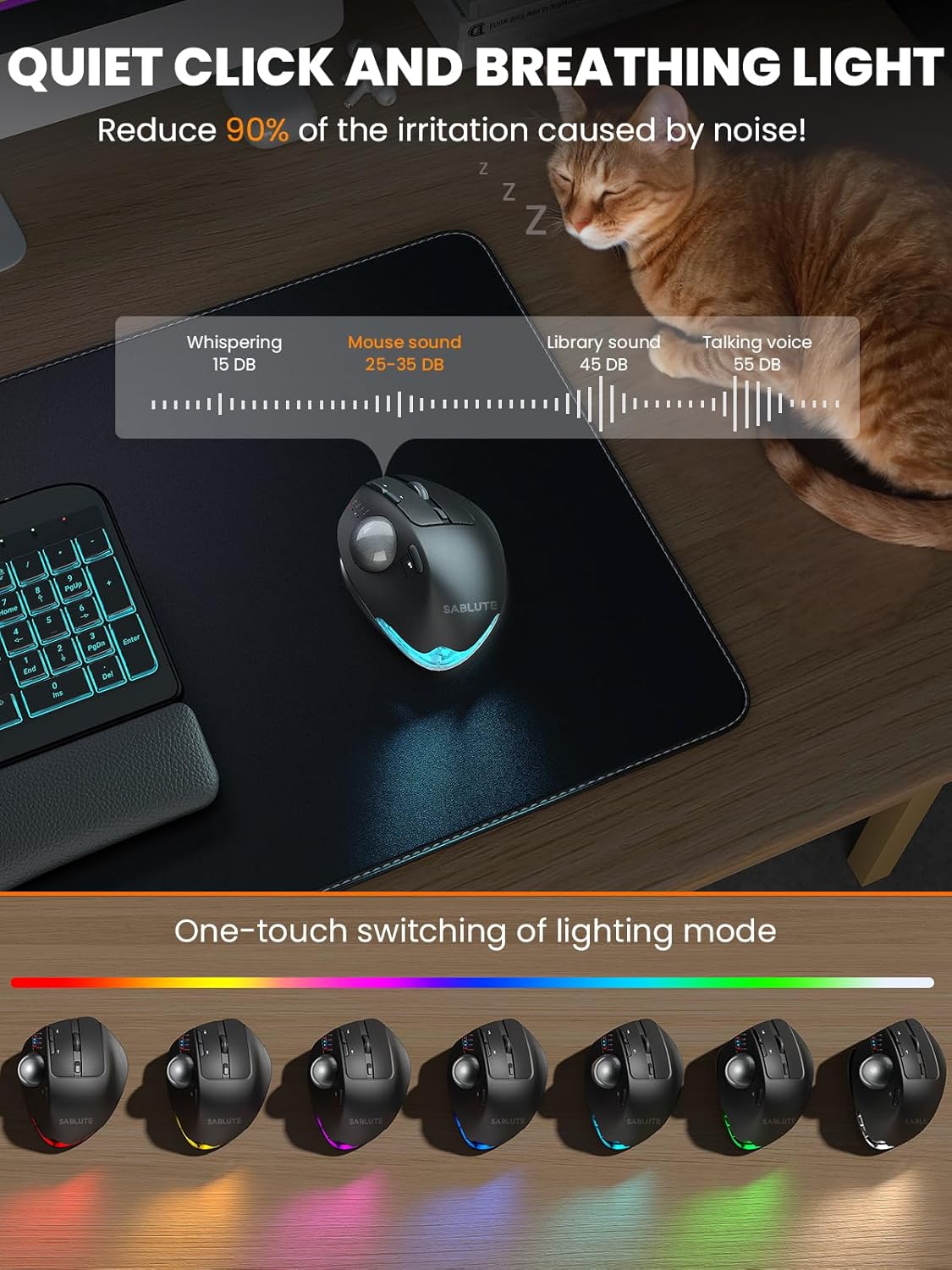 SABLUTE MAM1 Pro Ergonomic Wireless Trackball Mouse, Adjustable 0°/18° Angle, Thumb Control, Quiet Clicks, 3 Multi-Device Bluetooth & USB Receiver, Rechargeable Mouse for Office, Windows Mac - Image 9