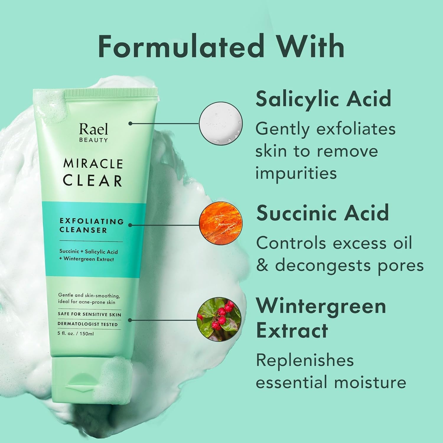 Rael Miracle Clear Facial Cleanser – Makeup Remover, Daily Face Wash, Gentle Deep Pore Cleansing Korean Skin Care for Oily & Combination Skin (Exfoliating Cleanser, 5.1 fl. oz) - Image 4