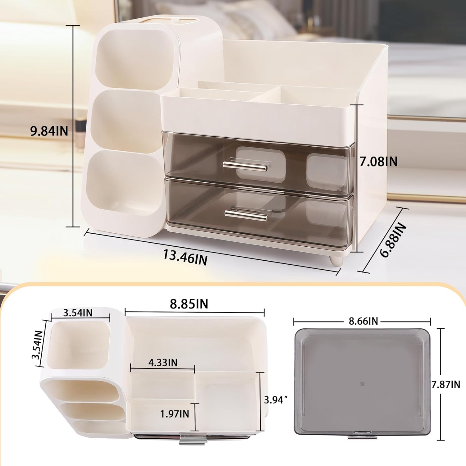 Homeanda Makeup Organizer with Drawers – Large Cosmetic Storage Box for Vanity, Bathroom, or Bedroom, Perfect for Skincare, Brushes, Lipstick, Eyeshadow,and Beauty Essentials (White) - Image 4