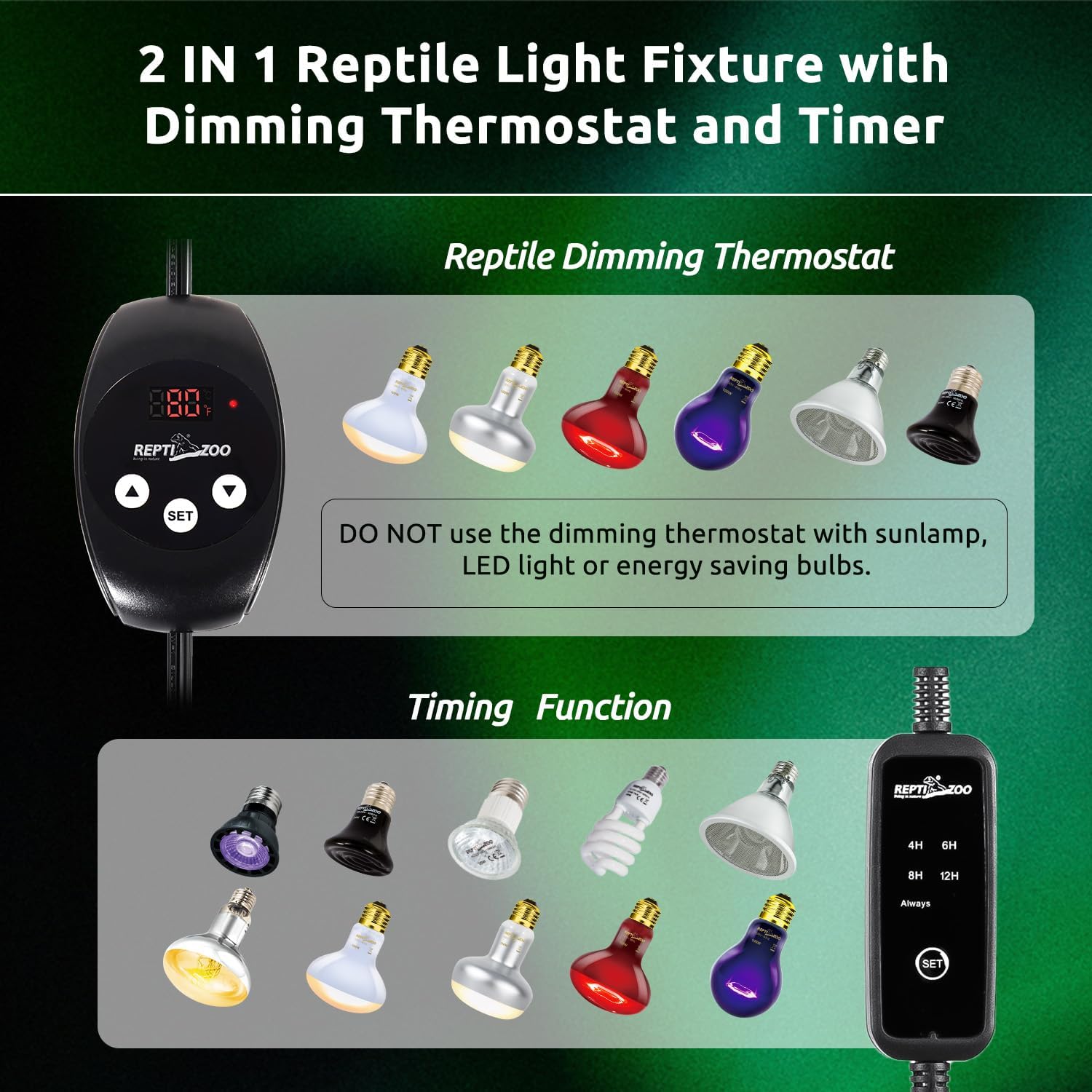 REPTI ZOO Dual Reptile Light Fixture with Dimming Thermostat and Timer, Deep Dome Lamp Fixture with Independent Reptile Dimming Thermostat Heat Bulb Temperature Controller and Timing Function - Image 3