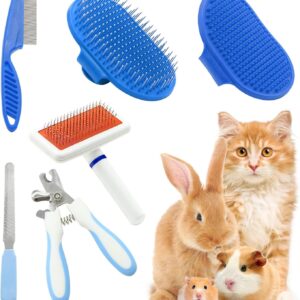 Pet Grooming Kit with Slicker Brush Bath Massage Glove Brush Pet Shedding Comb Nail Clipper Trimmer 6 Piece Set for Rabbit Kitten Guinea Pig Cat Chinchilla Ferret Small Animals
