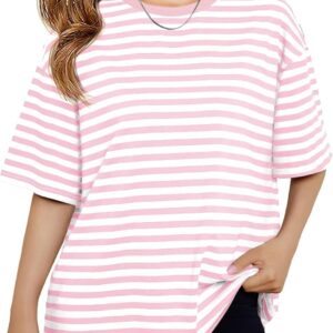 Haloumoning Girls Striped Short Sleeve T Shirts Kids Summer Oversized Tops Casual Crewneck Tees 5-14 Years