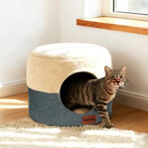 2-in-1 Cat Cave Bed & Lounger with Reversible Plush Cushion, Cat Bed for Indoor Cats, Foldable Anti-Slip Cat House – Calming Cozy Hideaway for Kitten &Small Cats with Anxiety Relief, 15.7in