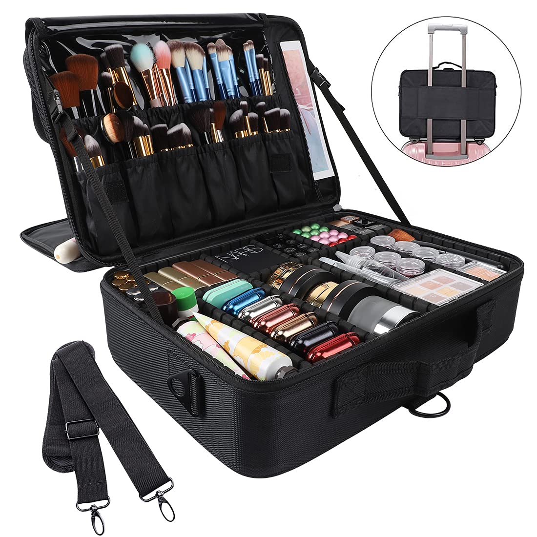 gzcz Large Capacity Travel Makeup Train Case,Professional Cosmetic Bags for Women,Portable Makeup Brush Bag Organizer Storage with Adjustable Dividers and Shoulder Strap - Image 8