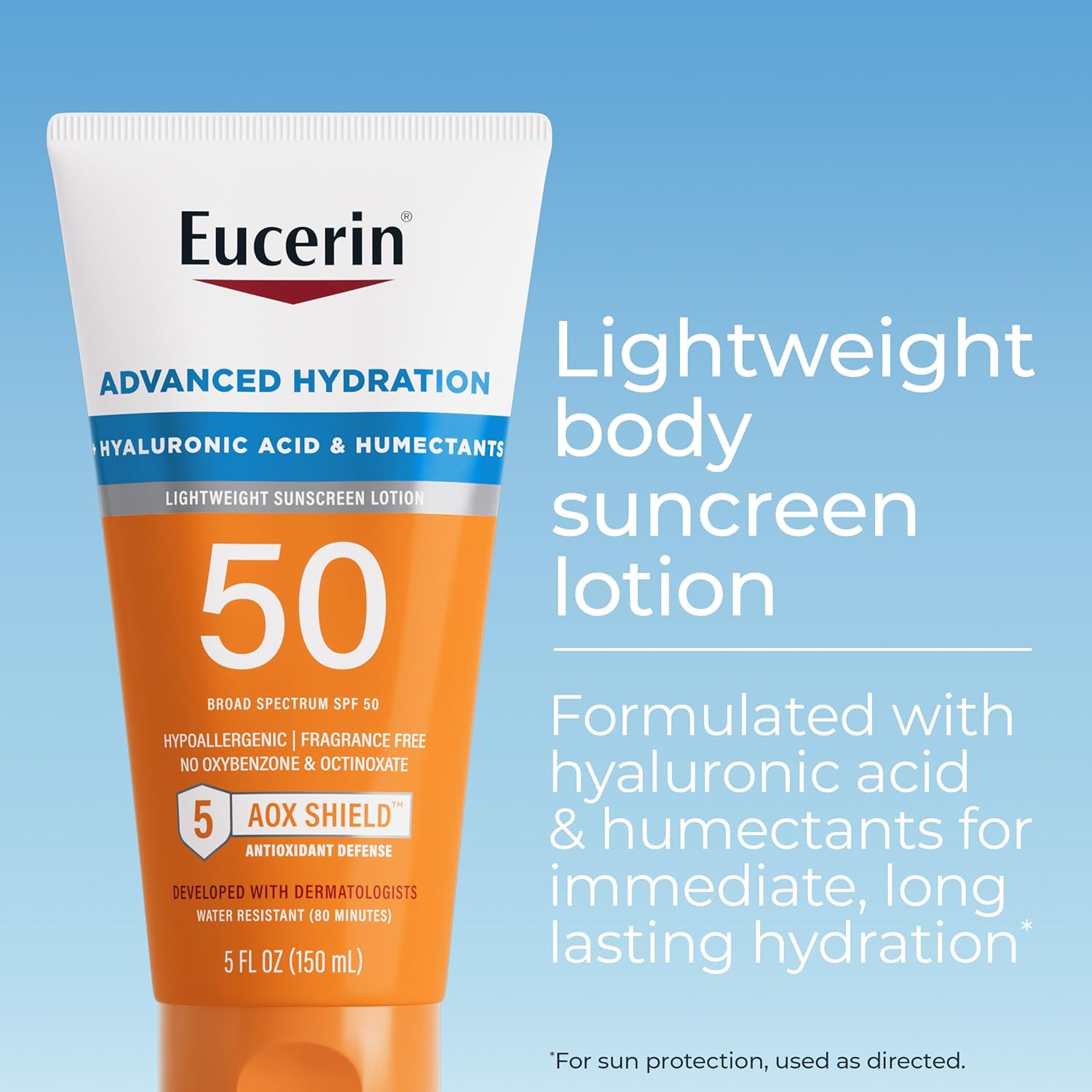 Eucerin Sun Advanced Hydration SPF 50 Sunscreen Lotion, Lightweight Sunscreen with Hyaluronic Acid and Humectants, Hypoallergenic, Fragrance Free, No Oxybenzone or Octinoxate, 5 Fl Oz Tube - Image 2
